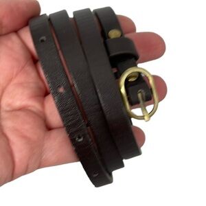 DARK Chocolate Brown Vegan Leather Narrow Belt Brushed Brass Buckle Size M